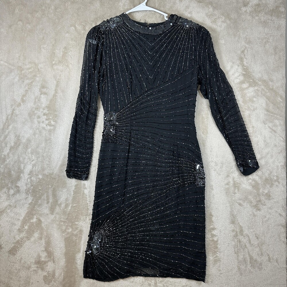 Vintage Nite Line Dress Womens 4 Black Silk Beaded Sequin Evening Cocktail 80s